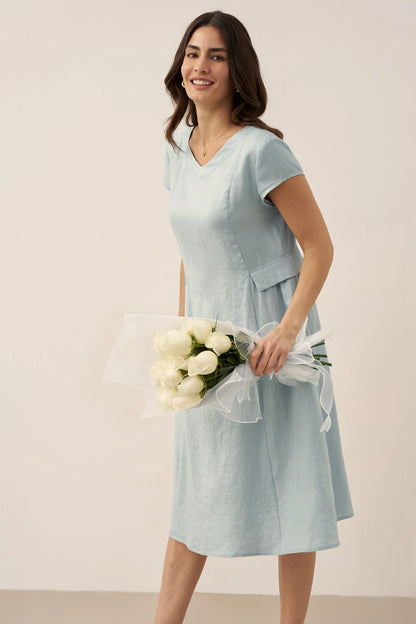 100% Linen Natural Summer V-Neck Dress ALEXA